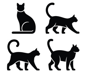 Set of four elegant black cat silhouettes in walking and sitting poses, minimalist animal illustration perfect for lifestyle, pet, or decor themes