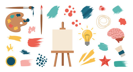 Illustration of artistic tools including a canvas easel paintbrushes and colorful paint splatters around it