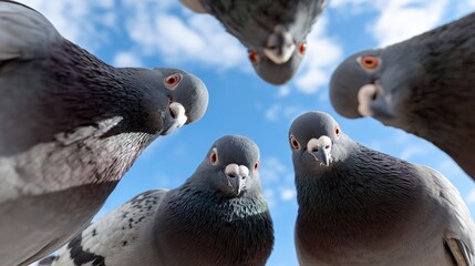 Pigeons looking down into the camera
Wide-angle shot 