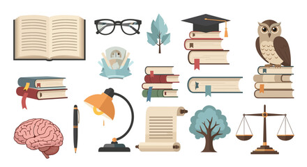 Illustration of academic objects including books, owl, brain, lamp, and scales of justice items