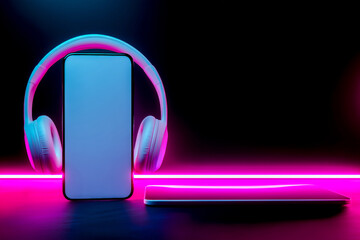Smartphone and wireless headphones on dark background with modern neon backlit.