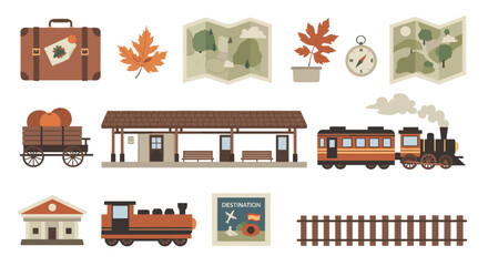 Illustration of a train station with a train, luggage, maps, and other travel related items