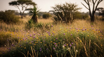 Vibrant Wildflowers in a Golden Savanna Landscape