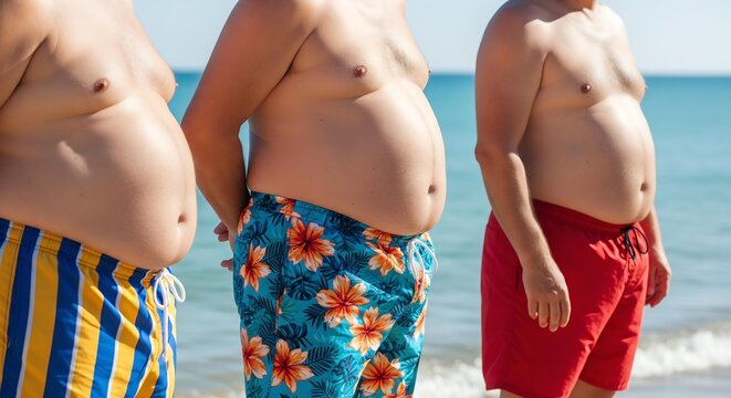 A candid shot of three middle-aged, overweight men with large bellies, standing together on a sunny beach during a relaxed vacation.