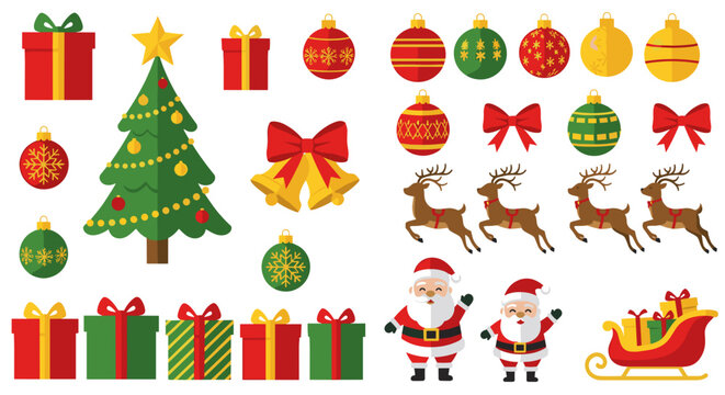 Christmas themed vector illustration with gifts santa claus reindeer and a decorated christmas tree holiday