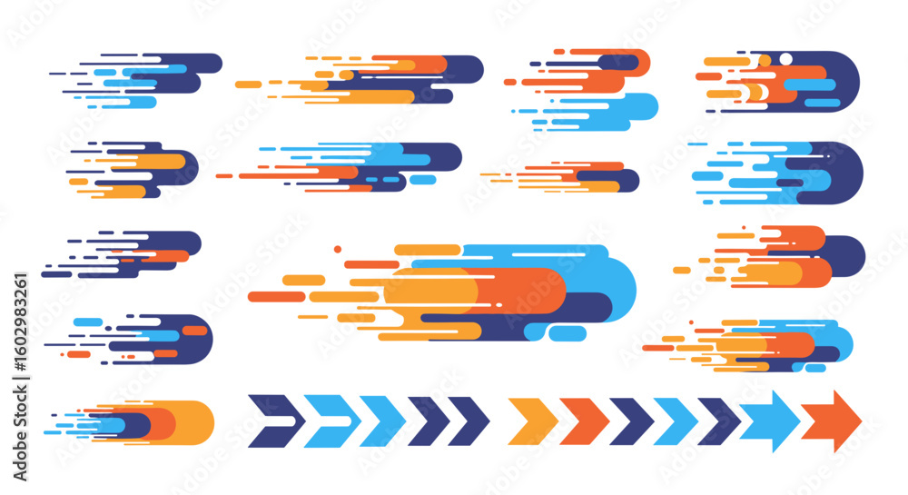 Poster collection of abstract speed lines and arrows in blue and orange colors on a white background design