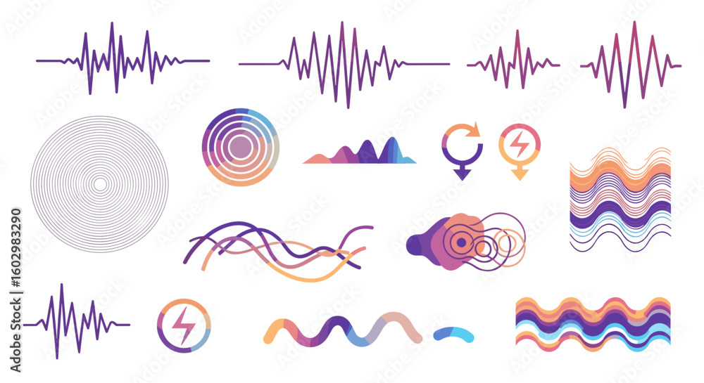 Poster collection of abstract shapes and patterns including waveforms circles and energy icons in gradient 