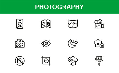 Photography mastery captured with minimal clarity, premium modern vector line icon collection showcasing camera, DSLR, lens, tripod, flash, studio gear symbols