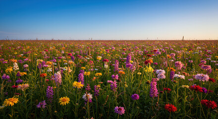 Obraz premium Expansive wildflower meadow at sunrise, a colorful and vital greenspace that serves as a rich pollinator habitat, showcasing biodiversity in a stunning natural landscape.