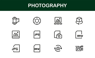 Photography mastery captured with minimal clarity, premium modern vector line icon collection showcasing camera, DSLR, lens, tripod, flash, studio gear symbols