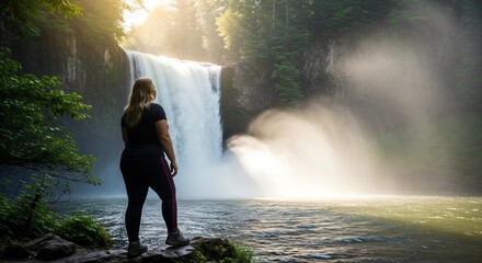 Obraz premium A photorealistic mockup of a person looking at an old photograph of their former, heavier self with a compassionate smile.