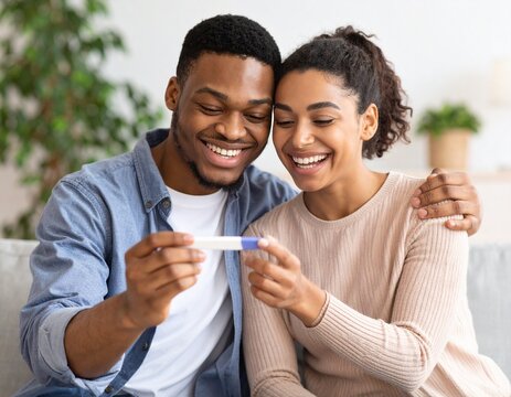 Joyful African American couple holding a positive pregnancy test, conveying family happiness and new beginnings. - Powered by Adobe