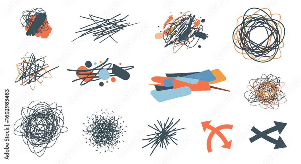 Poster collection of abstract scribbles and shapes in various colors arranged on a white background art pie