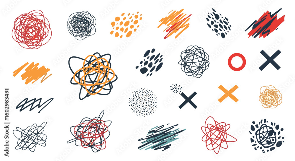 Poster collection of abstract scribbles shapes and patterns in various colors on a white background art des