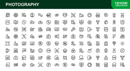 Photography mastery captured with minimal clarity, premium modern vector line icon collection showcasing camera, DSLR, lens, tripod, flash, studio gear symbols