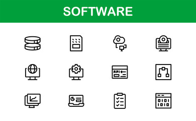 Software solutions visualized in bold style – Professional vector line icon set featuring coding, development, cloud, cybersecurity, UI, DevOps, API, SaaS