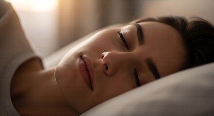 A serene close-up of a person's calm, relaxed face as they sleep peacefully, symbolizing the improved rest from better health.