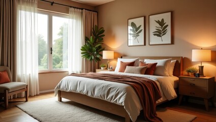 Fototapeta premium A cozy bedroom with a view of lush greenery.