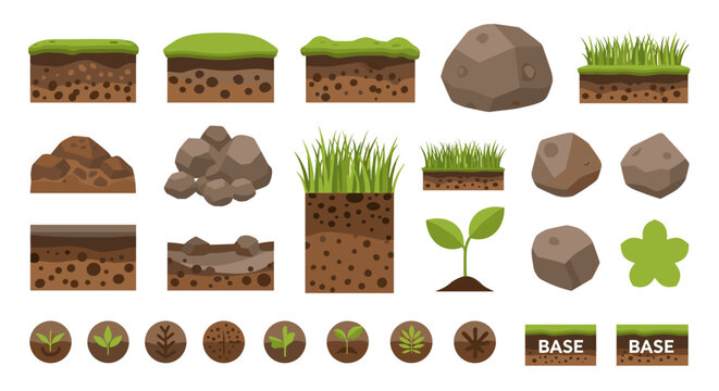 Illustration of various game assets including soil blocks rocks grass and plant life elements for game design