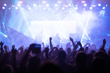 Crowd at concert and colorful stage lights.