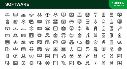 Software solutions visualized in bold style &ndash; Professional vector line icon set featuring coding, development, cloud, cybersecurity, UI, DevOps, API, SaaS