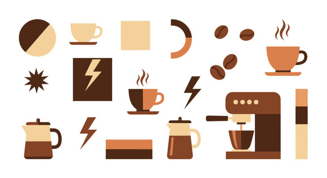 Illustration of coffee related icons including cups beans machine and other graphic elements flat design