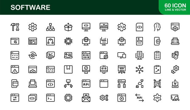 Software solutions visualized in bold style &ndash; Professional vector line icon set featuring coding, development, cloud, cybersecurity, UI, DevOps, API, SaaS
