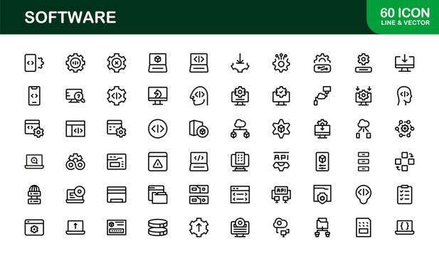 Software solutions visualized in bold style &ndash; Professional vector line icon set featuring coding, development, cloud, cybersecurity, UI, DevOps, API, SaaS