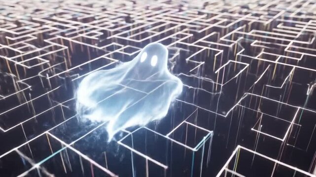 Neon Ghost Navigating a Labyrinth: A Digital Exploration of Mystery and Illusion