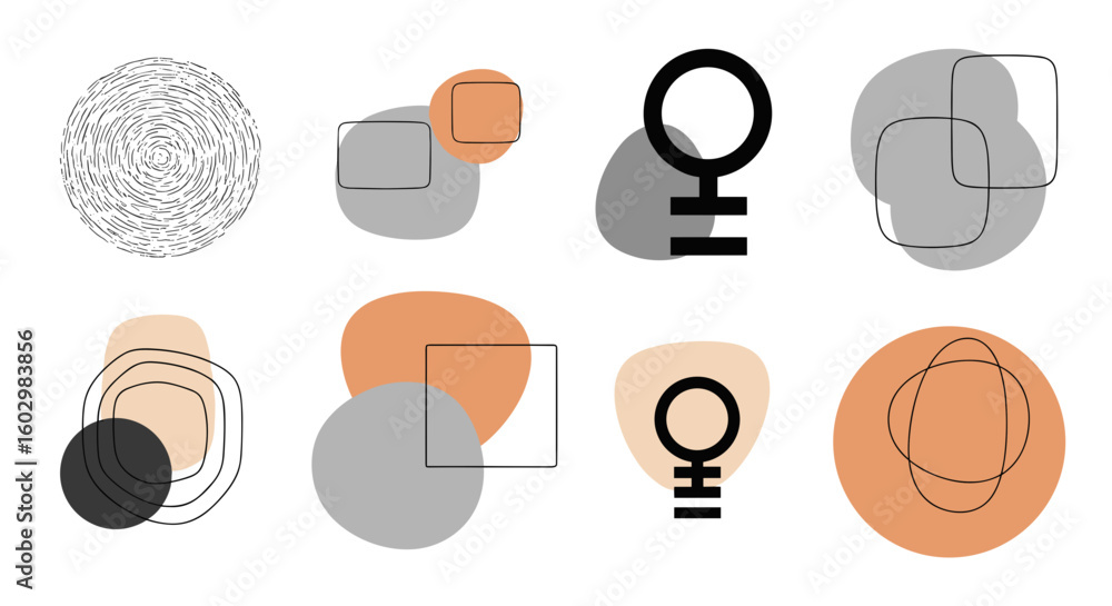 Poster abstract composition featuring fingerprint shapes and geometric forms in muted color palette design