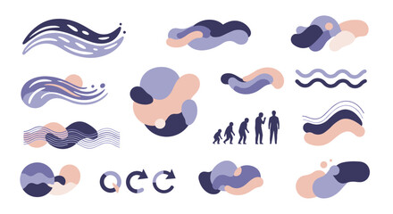 Collection of abstract shapes waves evolution and qcc symbols in pastel and dark blue colors on white