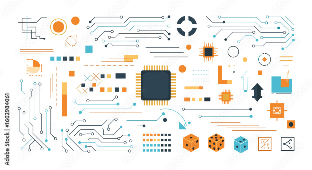 Poster illustration of computer components with circuit boards dice and geometric shapes on a white backgro