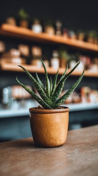 Close-up of an aloe vera plant in a terracotta pot.