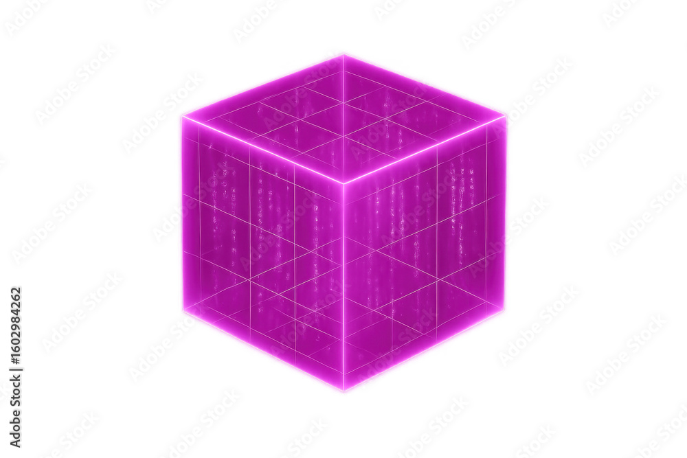 Poster luminous purple tech cube displaying data streams, symbolizing digital innovation against transparen