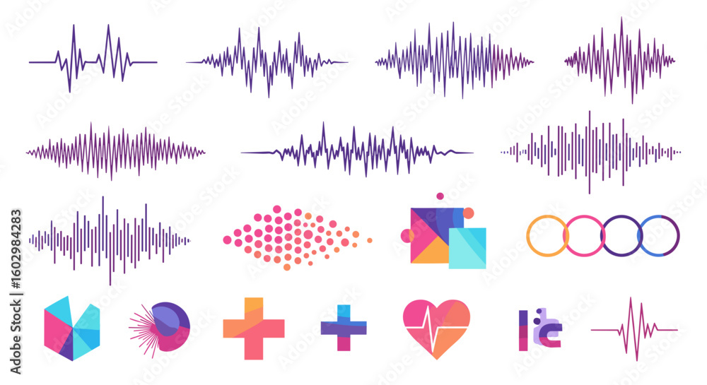 Poster collection of waveform visualizations and abstract geometric shapes in various colorful designs