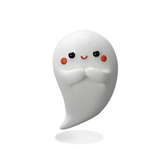 Cute and friendly 3D ghost character with round blushing cheeks, glossy texture, a shy smile. Halloween-themed posters, children party invitations, adorable spooky graphics, character collections.