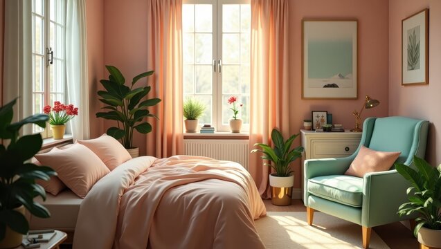 A cozy bedroom with peachy hues and lush greenery.