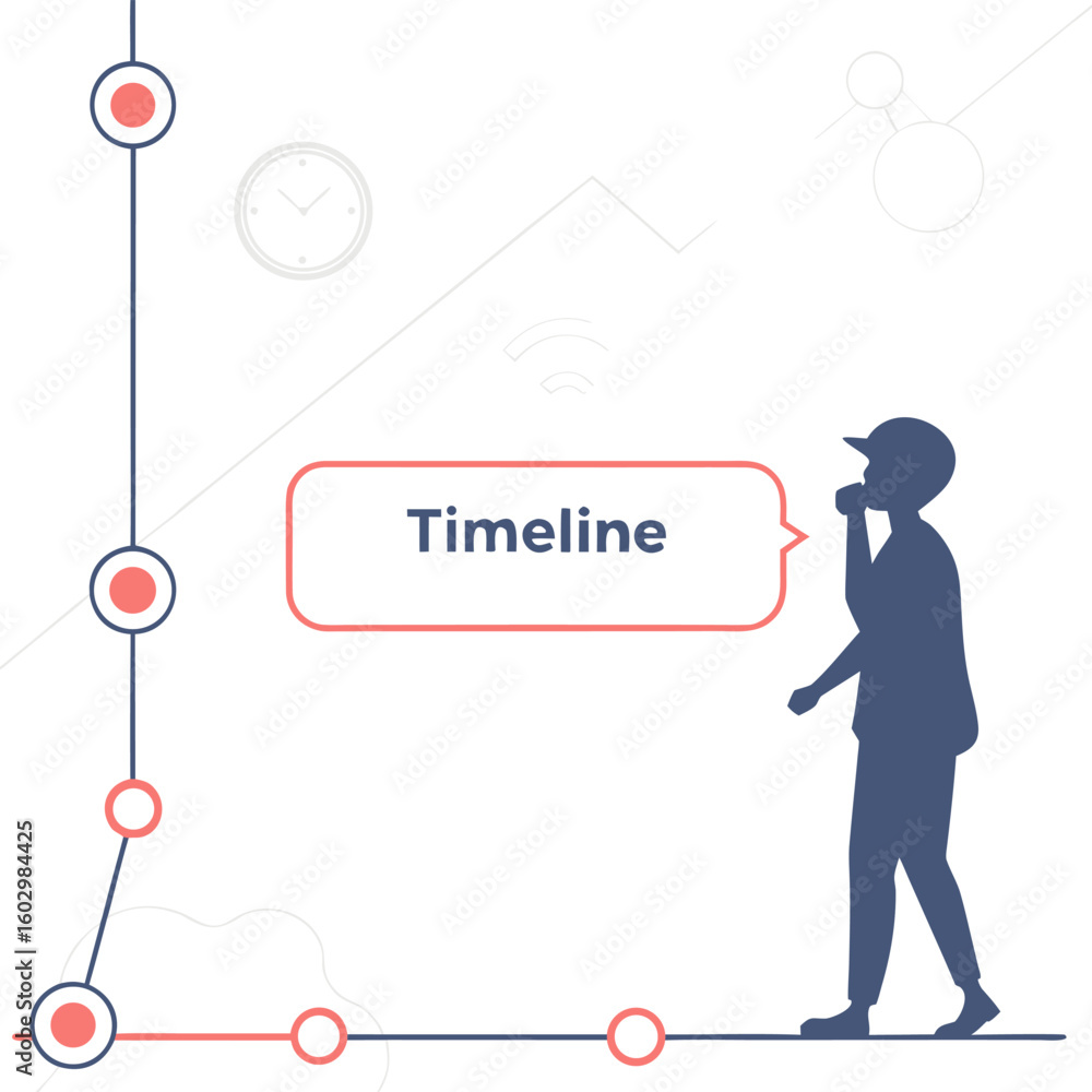 Poster a silhouetted figure wearing a cap contemplates a timeline with connected circular nodes and a clock