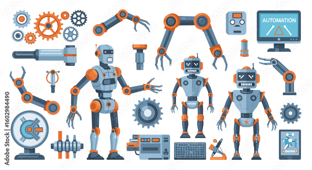 Aufkleber illustration of various robots robot arms gears and automation equipment on a white background scene