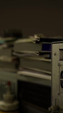 Soft light illuminates a cluttered workspace adorned with stacks of neatly organized notebooks, scattered tools, and equipment suggesting a bustling moment of creative inspiration.