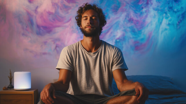 A man practices meditation in a serene room adorned with soft lighting and calming colors. He focuses on achieving a hypnotic state to enhance relaxation and promote healing from stress.