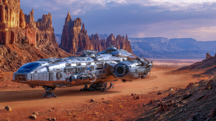 A futuristic spaceship lands gracefully on the rugged red terrain of an alien desert, surrounded by majestic cliffs bathed in the golden light of a setting sun, dust swirling around its hull
