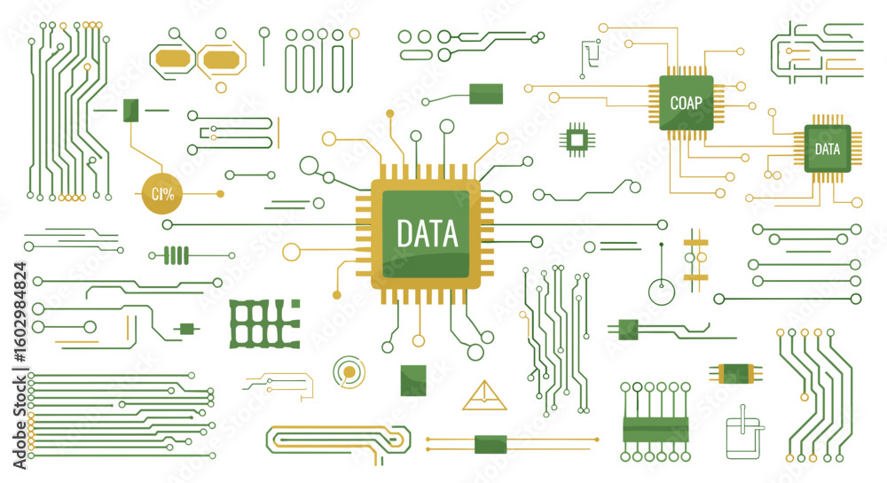 Poster illustration of various computer circuit board components and data processing elements on white back