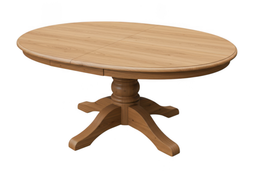 Wooden oval dining table with pedestal base isolated on transparent background