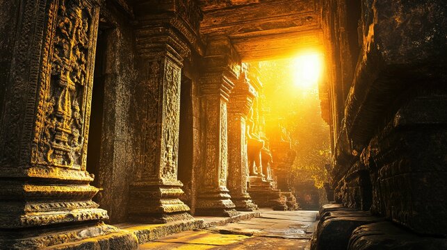 Ancient temple corridor illuminated by golden sunlight, showcasing intricate stone carvings and detailed architectural features. - Powered by Adobe
