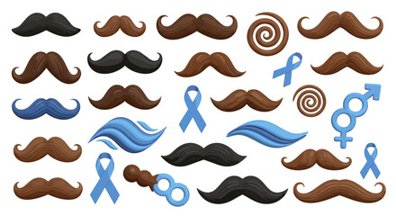 Collection of mustaches in various shapes and colors with awareness ribbons and gender symbols arranged