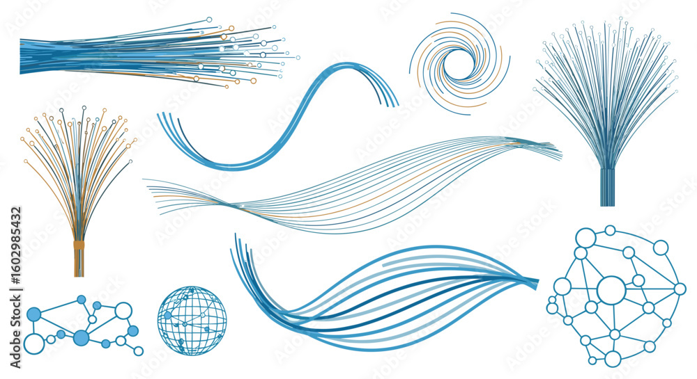 Poster illustration showing abstract blue lines and network diagrams on a white background design elements