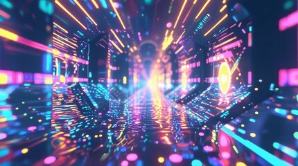 Futuristic neon tunnel with glowing lights and abstract digital elements, vibrant cyberpunk background with sci-fi atmosphere and immersive virtual technology vibes.