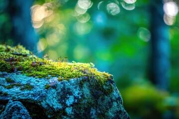 Lush moss blankets a weathered rock in a sun-drenched forest.