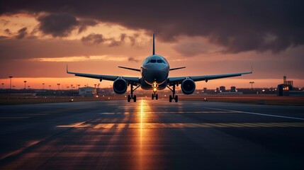 A photo of a plane taking off at dusk